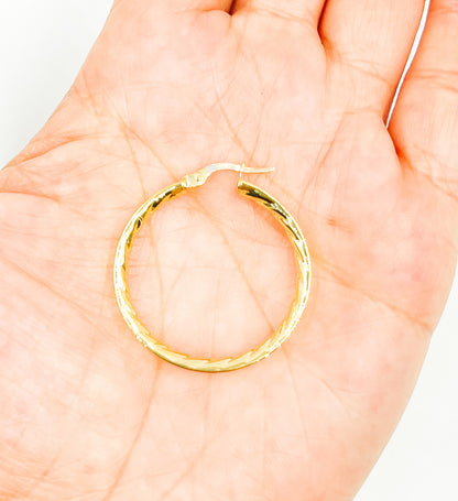 GER2. 14K Solid Gold Textured Hollow Hoops Earrings