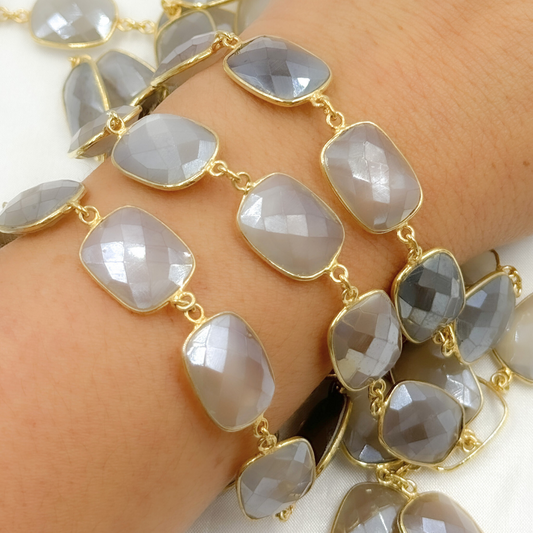 Coated Grey Moonstone Rectangular Shape Bezel Gold Plated Silver Wire Chain