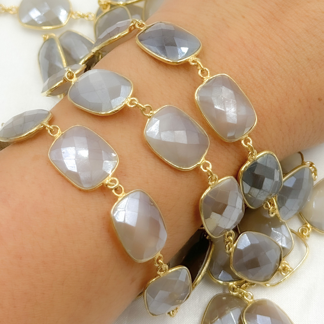 Coated Grey Moonstone Rectangular Shape Bezel Gold Plated Silver Wire Chain. CMS27