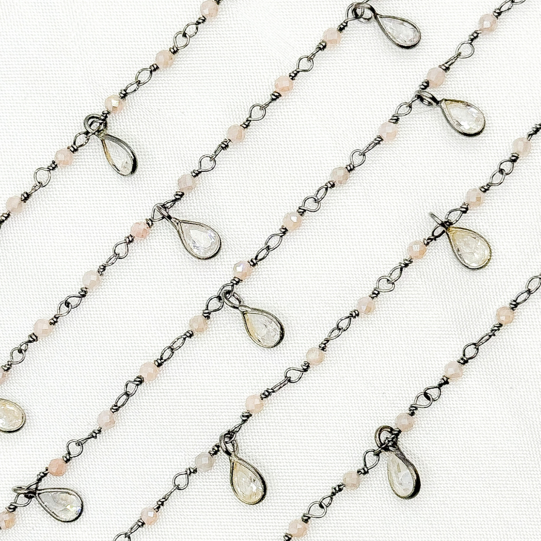 Coated Peach Moonstone & CZ Dangle Oxidized Wire Chain.