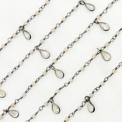 Coated Peach Moonstone & CZ Dangle Oxidized Wire Chain.