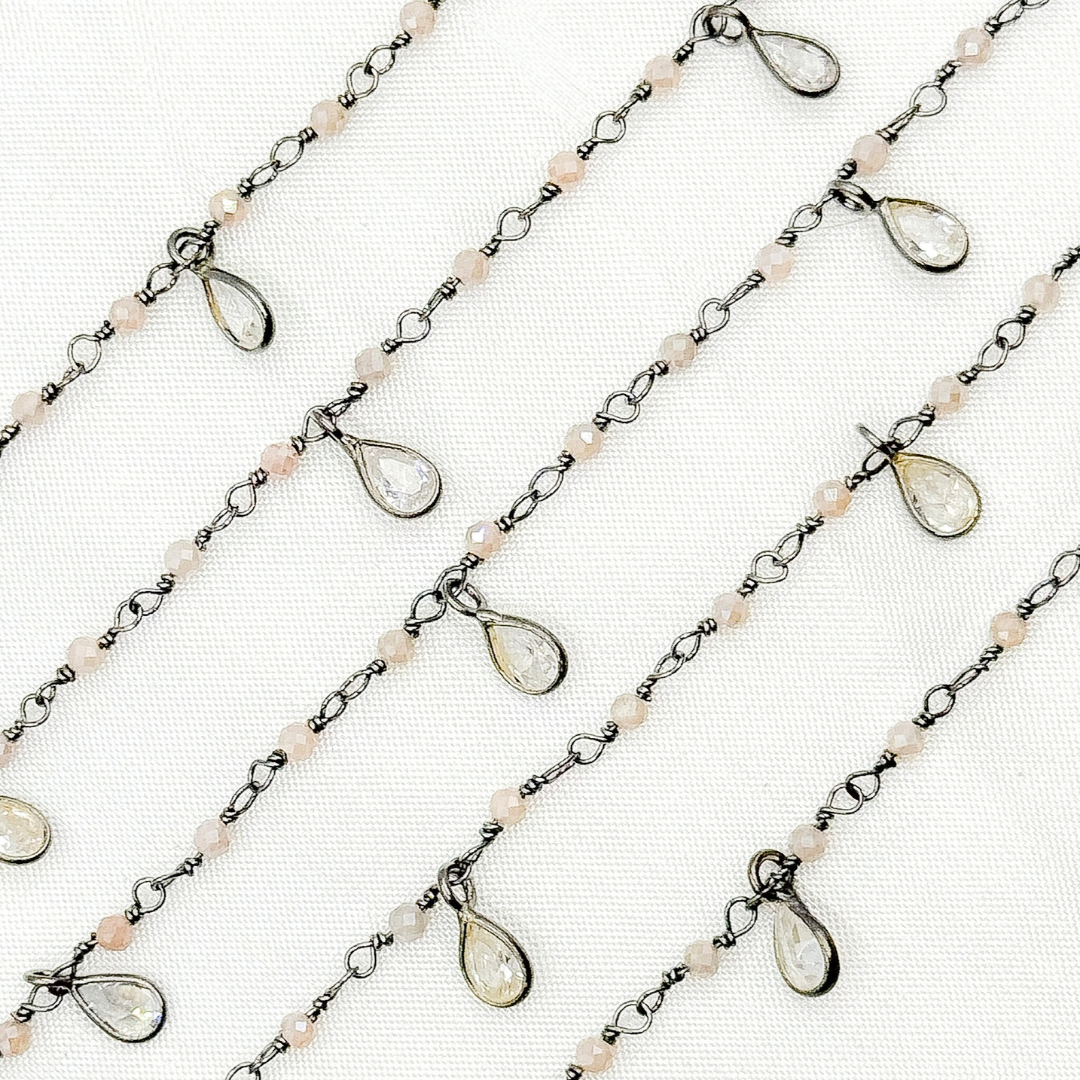 Coated Peach Moonstone & CZ Dangle Oxidized Wire Chain. CMS38