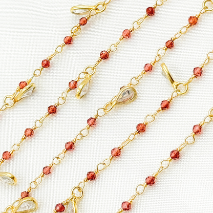 Garnet & CZ Dangle Gold Plated Wire Chain.