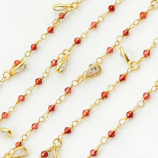 Garnet & CZ Dangle Gold Plated Wire Chain.