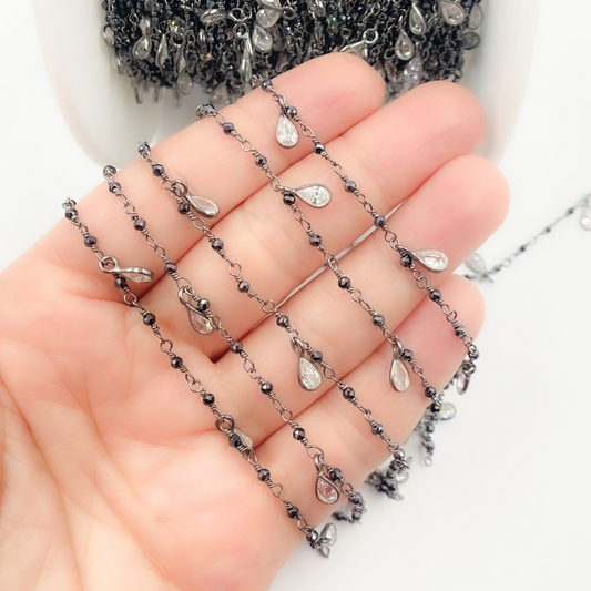 Coated Black Spinel & CZ Dangle Oxidized Wire Chain