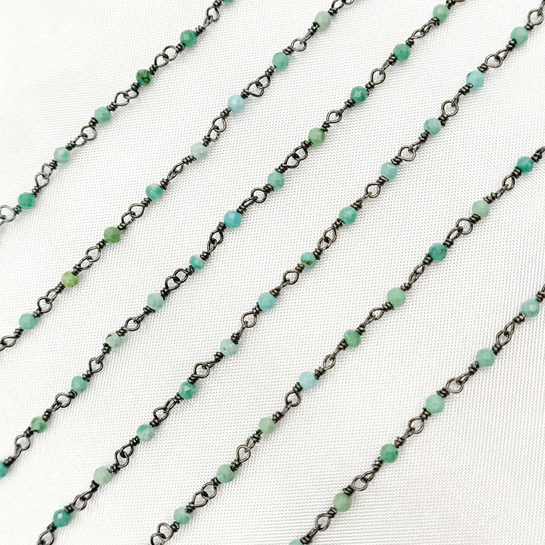 TRQ1. Black Rhodium 925 Sterling Silver and Natural Turquoise Wire Wrapped Bead Chain