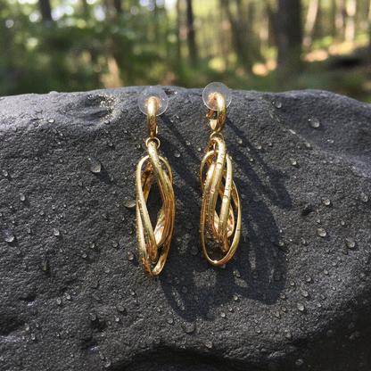 15850023044. 14K Solid Gold Twist Triple Oval Hollow Dangle Earrings