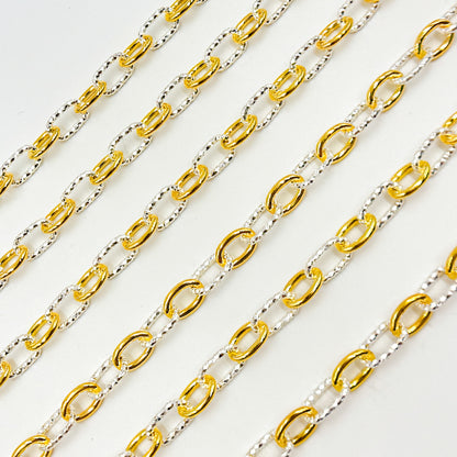 V308TT. Gold Filled and Silver Mixed Link Cable Chain - Smooth & Diamond Cut Links