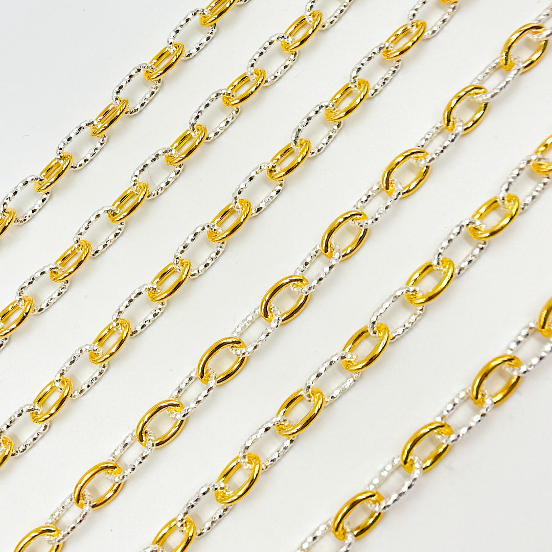 V308TT. Gold Filled and Silver Mixed Link Cable Chain - Smooth & Diamond Cut Links