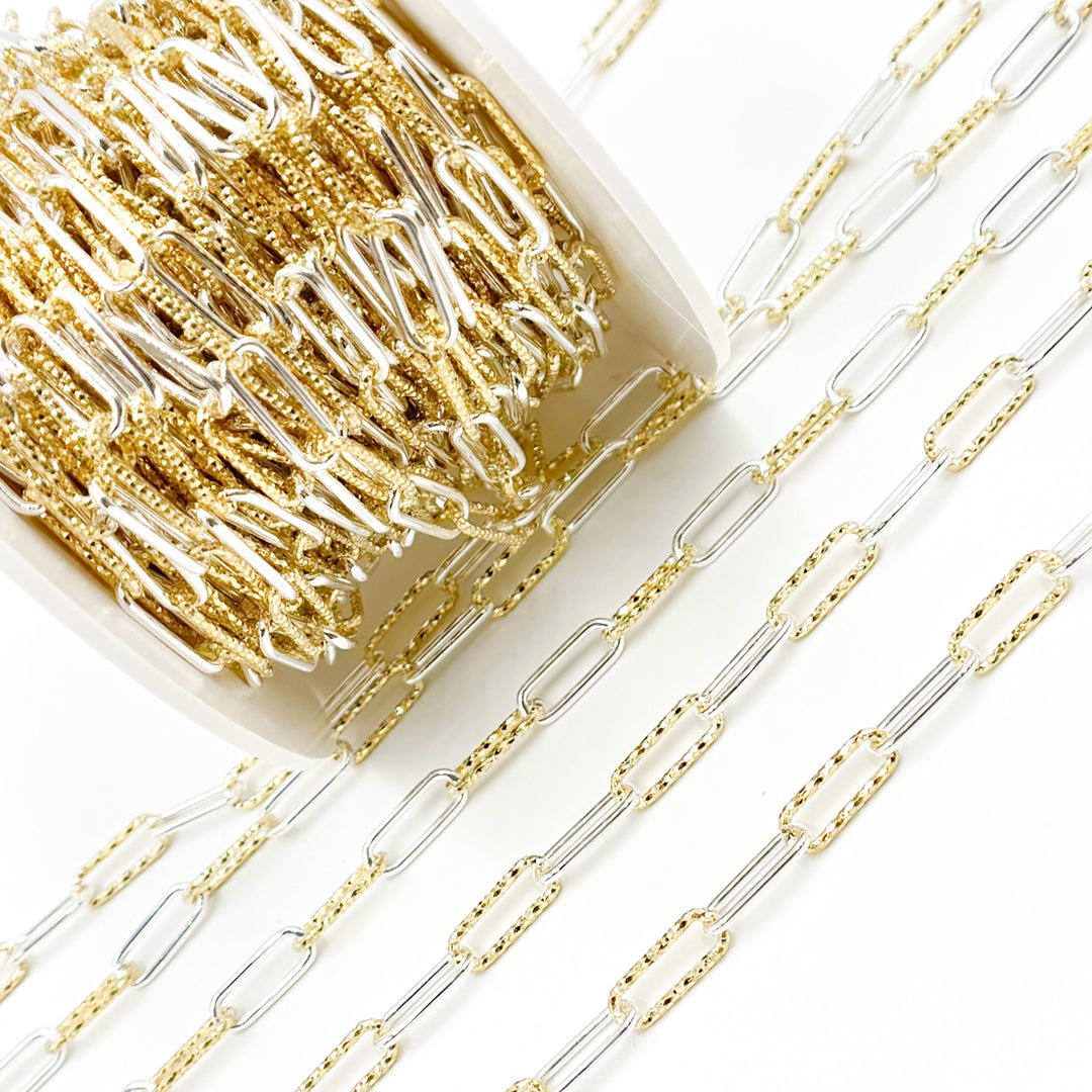 Sterling Silver Smooth and Gold Plated Diamond Cut Paperclip