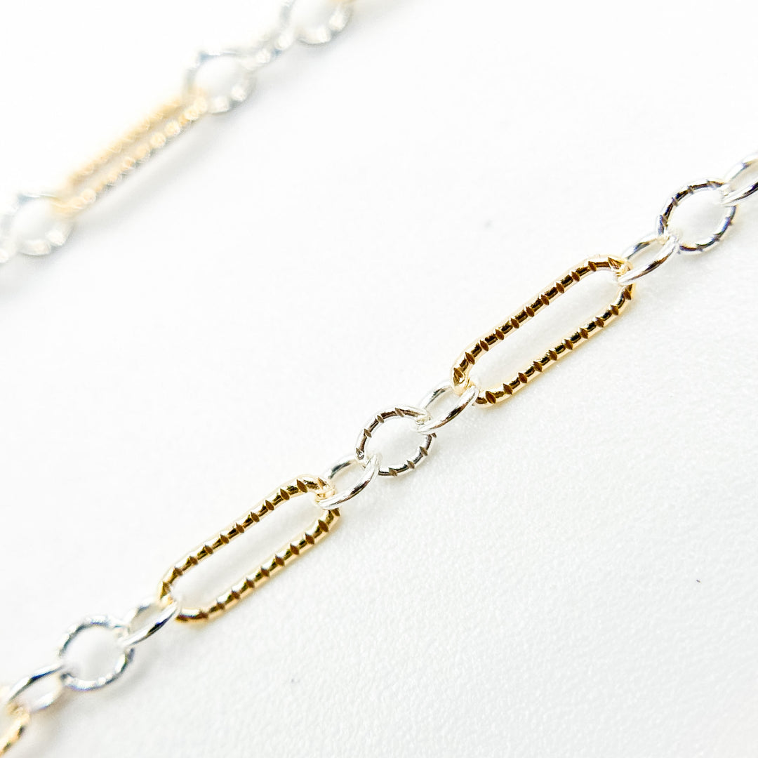 XM/1003K. 14K Gold Filled and Sterling Silver Knurled Link Chain – Long & Short Pattern