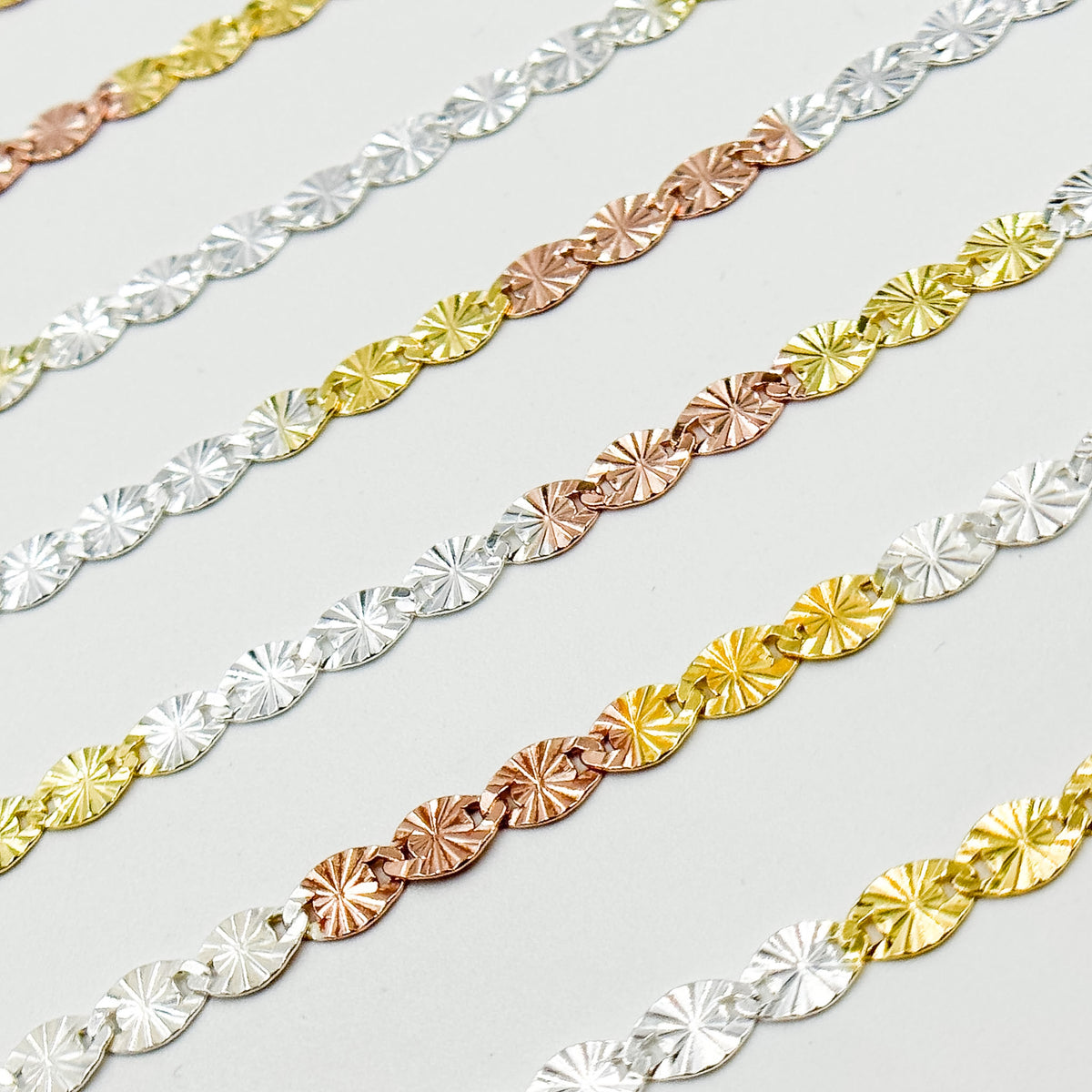 Z120GSR. White Silver, Gold Plated, and Rose Gold Plated Silver Diamond Cut Marina Chain