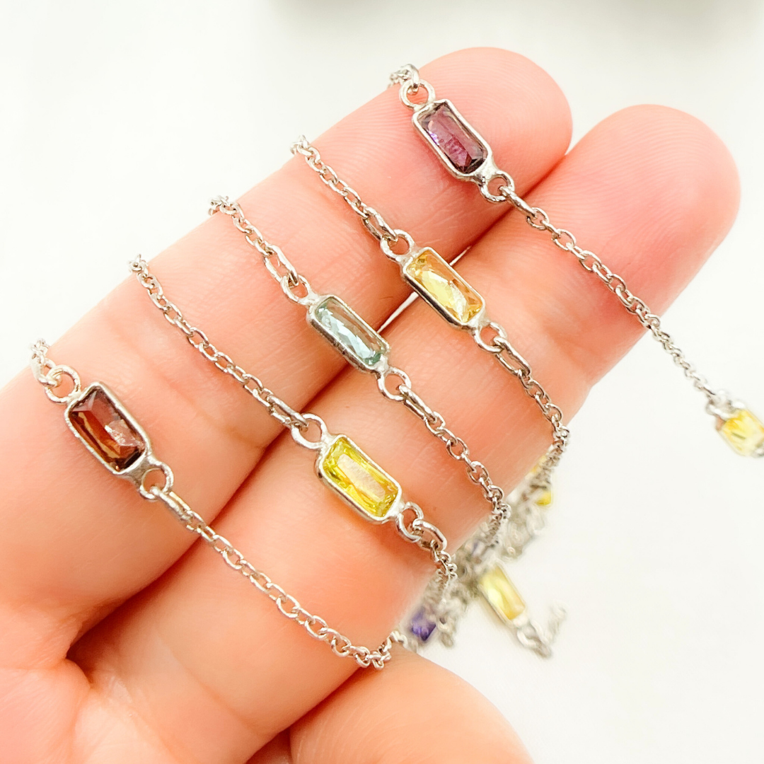 Multi Color Cubic Zirconia Rectangular Shape Connected Chain