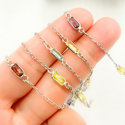 Multi Color Cubic Zirconia Rectangular Shape Connected Chain