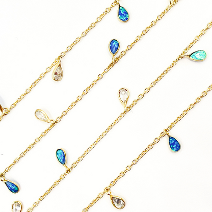 Created Blue Opal & CZ Tear Drop Shape Dangle Chain