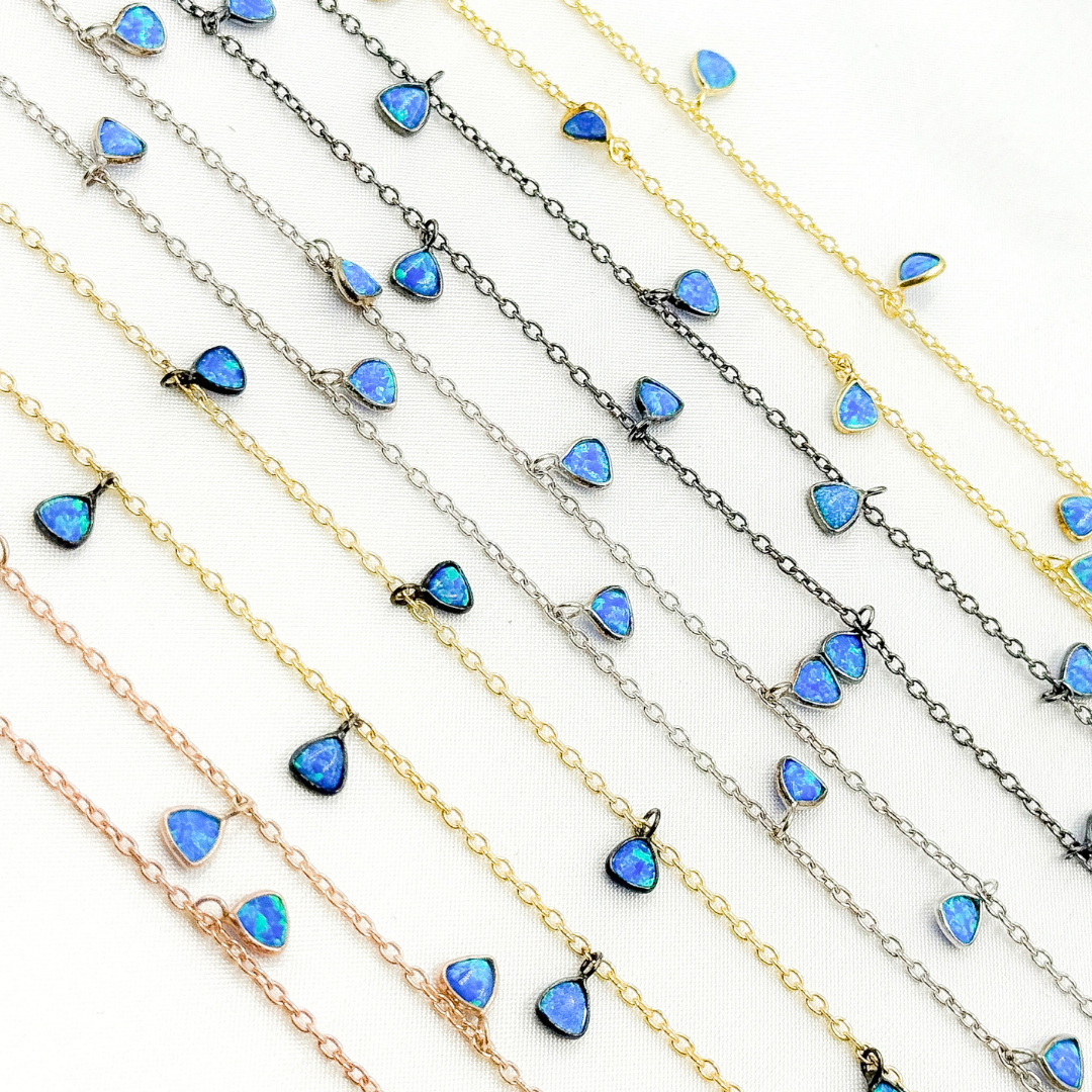 Created Blue Opal Triangle Shape Dangle Chain