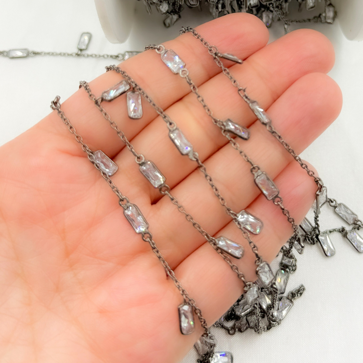 Cubic Zirconia Rectangle Shape Dangle & Connected Wire Chain