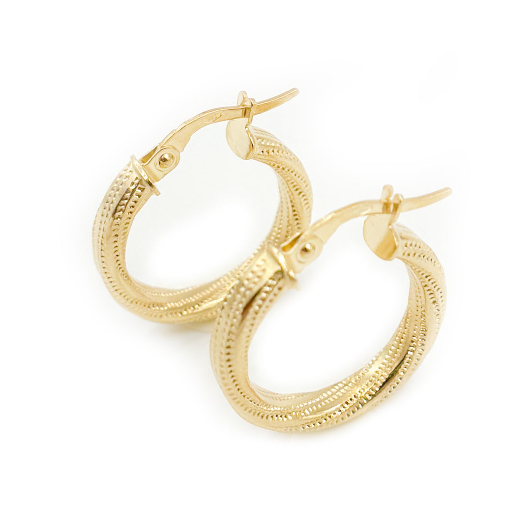 15850024626. 14K Solid Gold Textured Hollow Hoop Earrings