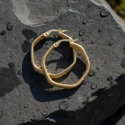 15850023956. 14K Solid Gold Smooth and Textured Hexagonal Hollow Hoop Earrings