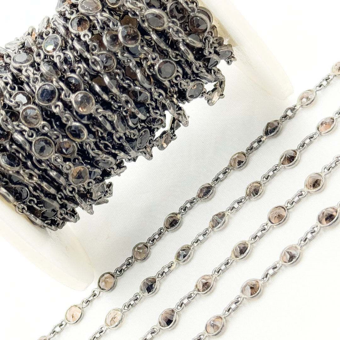 Smoky Quartz Round Shape Bezel Oxidized Wire Chain