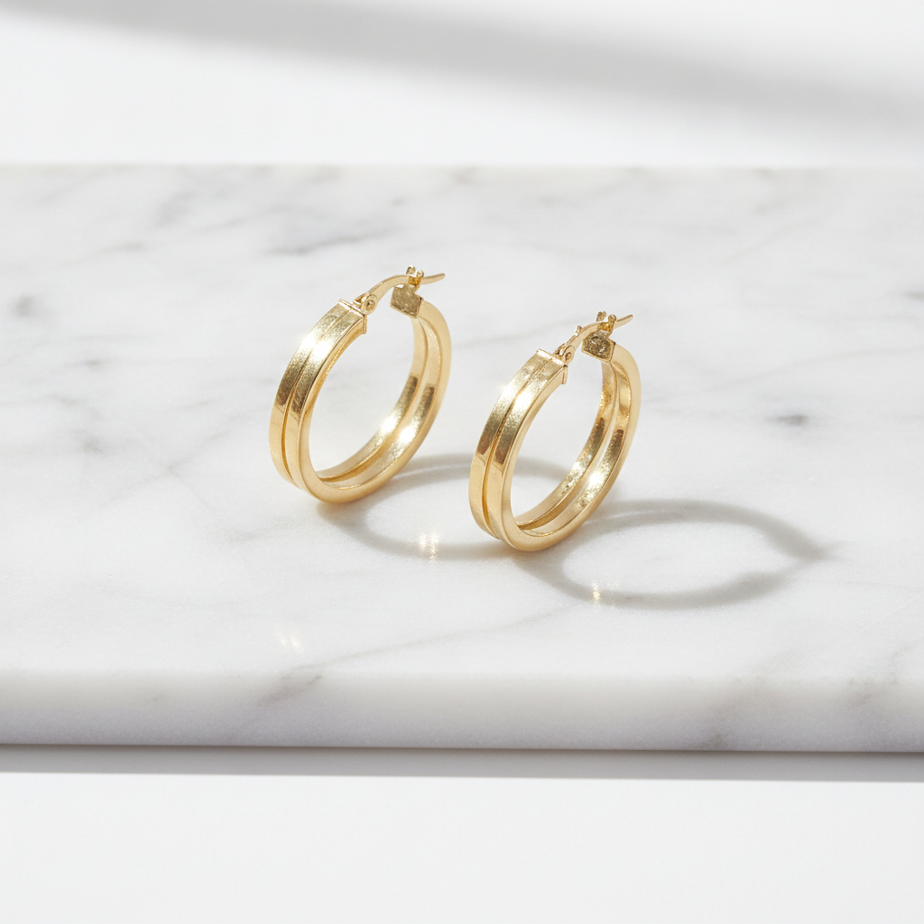 15850021299. 14K Solid Gold Fancy Hollow Double Hoop Earrings