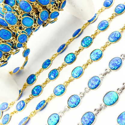 Created Blue Opal Oval Shape Connected Chain.