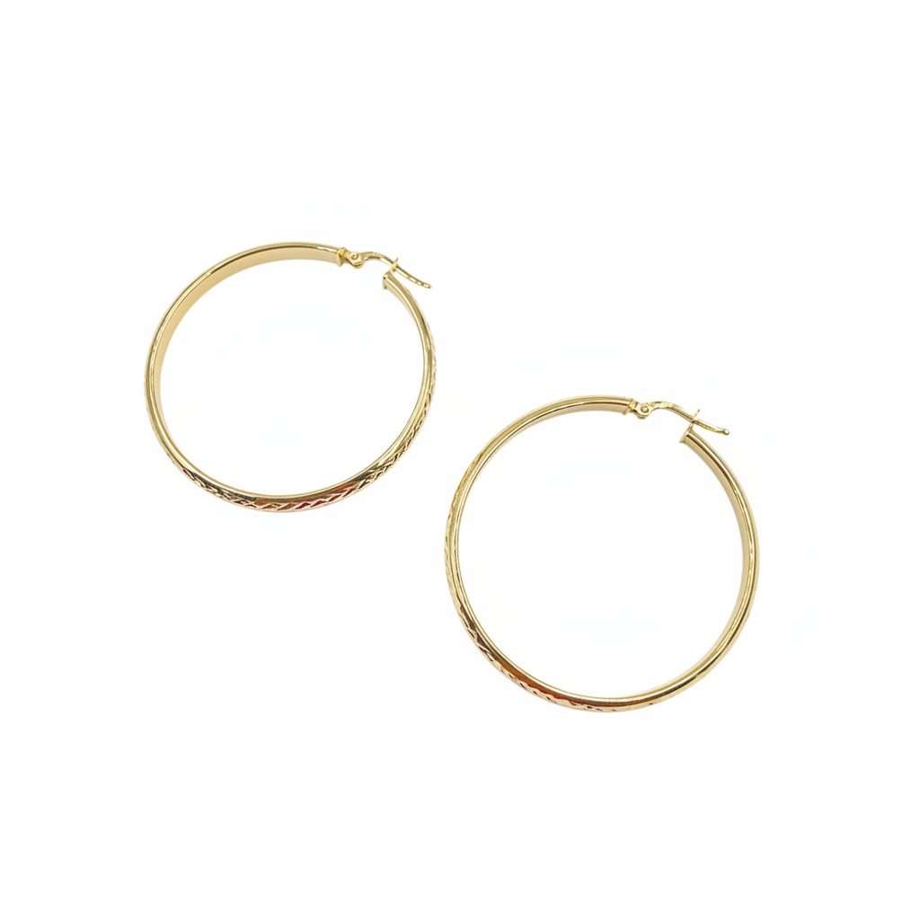 GER153. 14K Solid Gold Hollow Diamond Cut Hoop