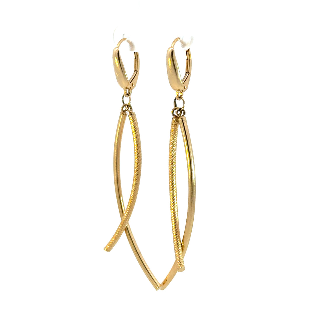 15850018486. 14K Solid Gold Smooth and Textured Tube Hollow Dangle Leverback Earrings