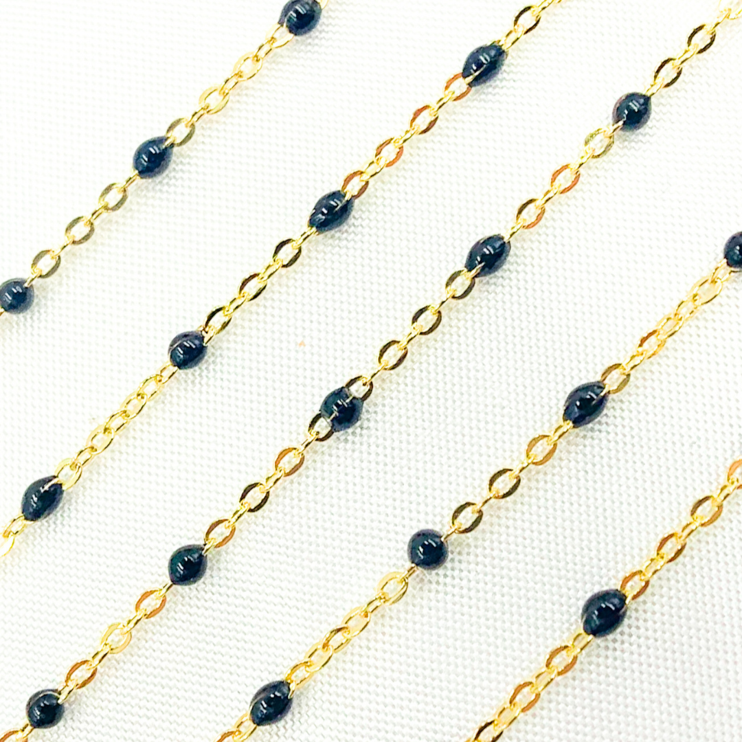 14K Solid Yellow Gold Enamel Black Color Cable Chain