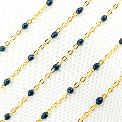 14K Solid Yellow Gold Enamel Black Color Cable Chain