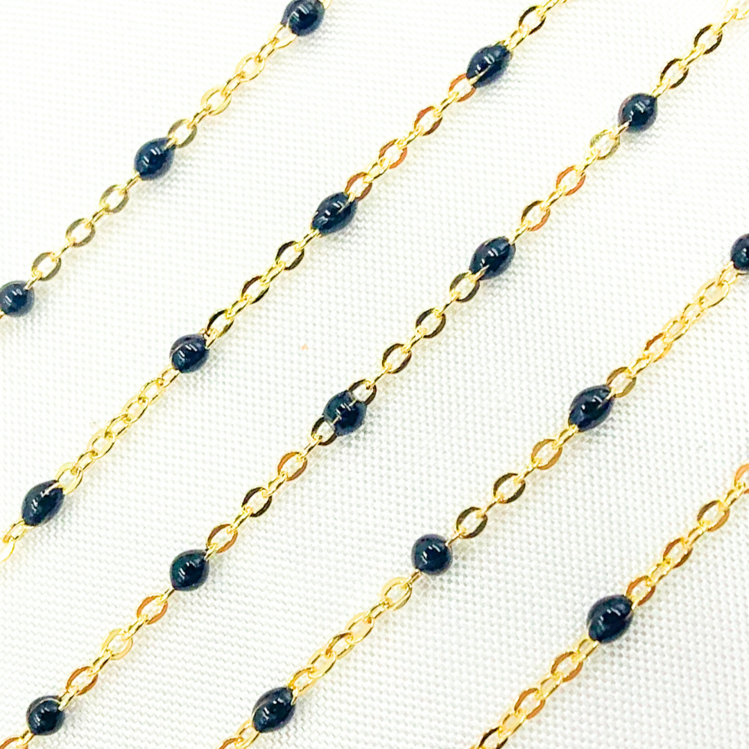 14K Solid Yellow Gold Enamel Black Color Cable Chain. 30KFBNF14Y