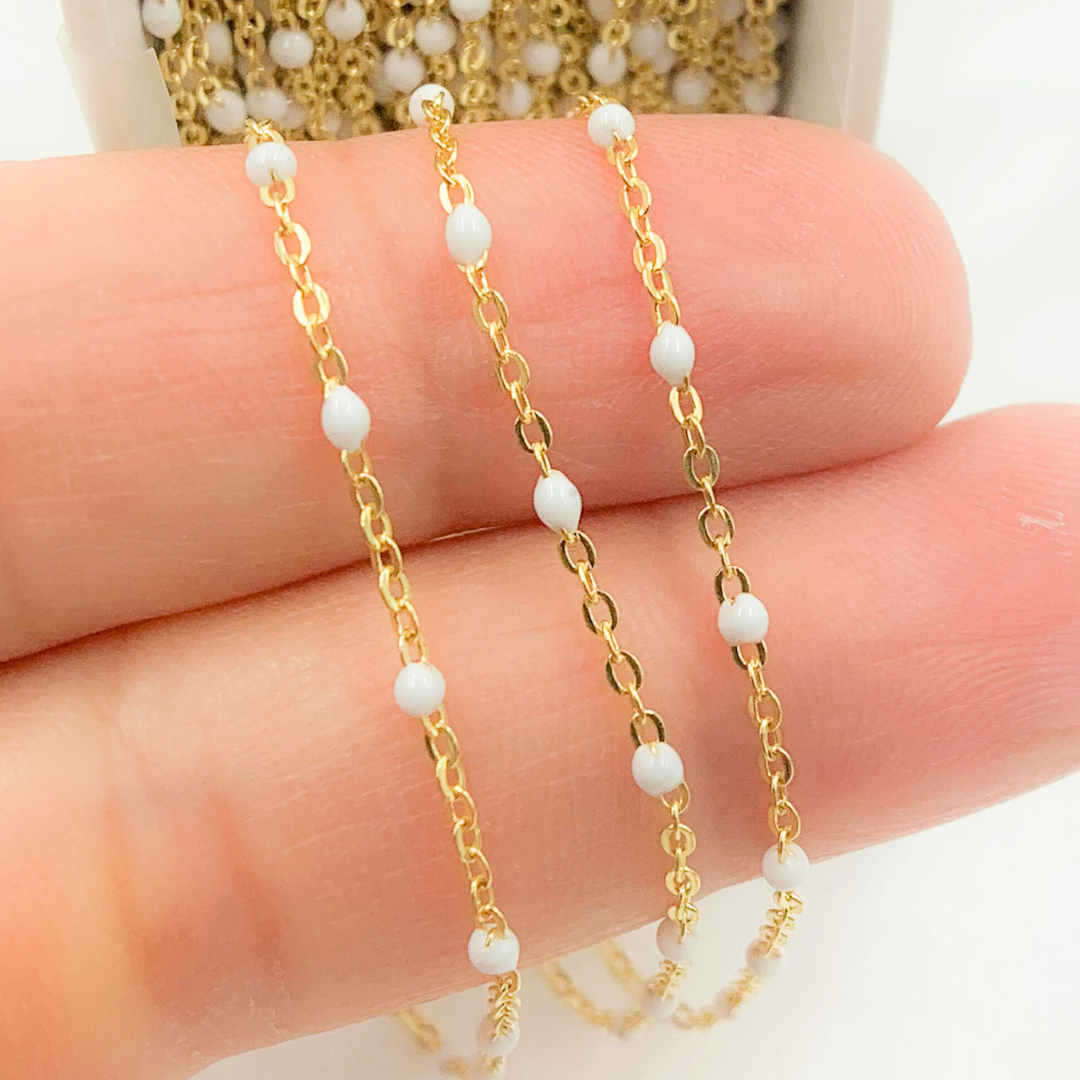 30KFB-WF14Y. 14K Solid Yellow Gold Enamel White Color Cable Chain