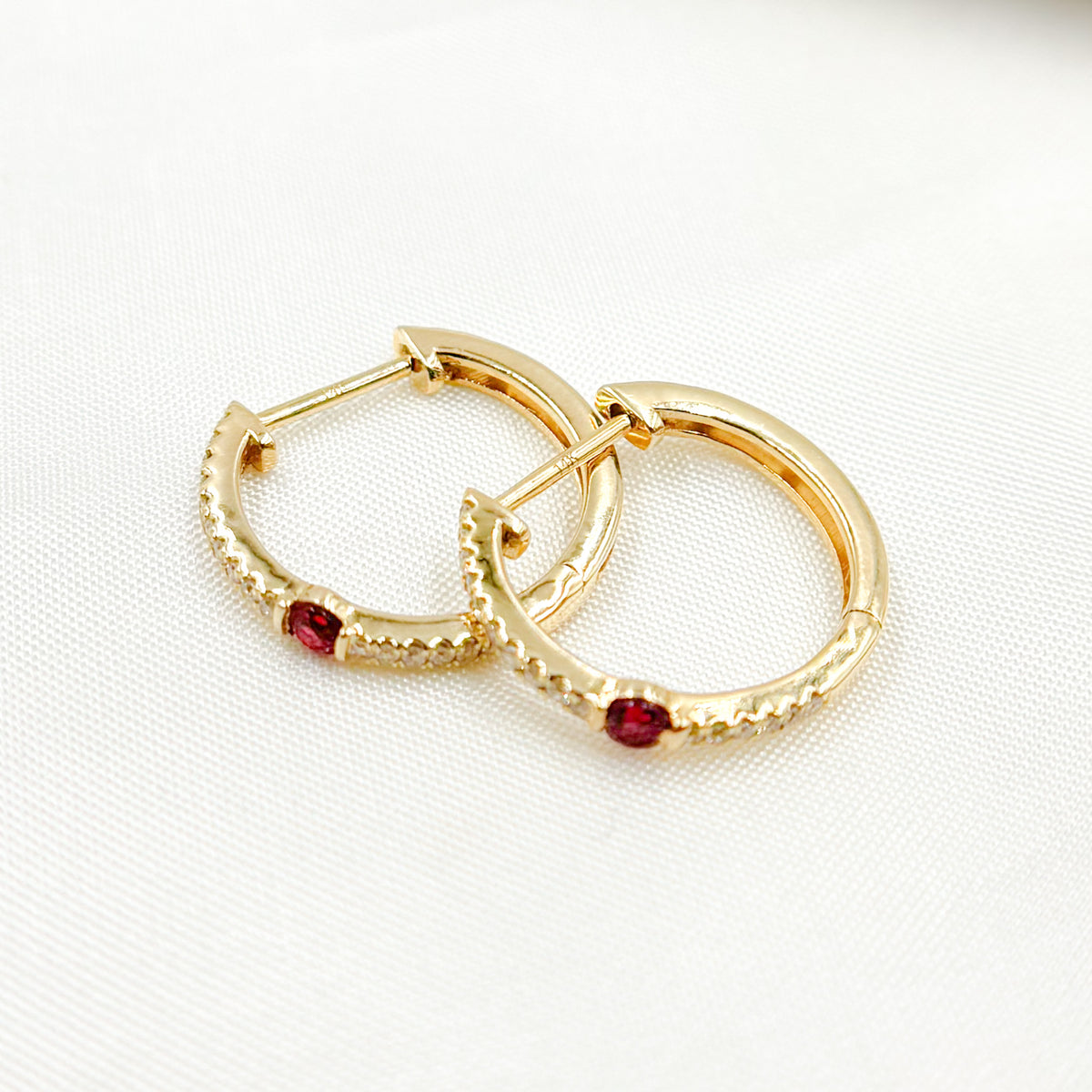 14K Solid Gold Diamond & Blue Sapphire Hoop Earrings