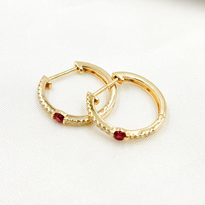 14K Solid Gold Diamond & Blue Sapphire Hoop Earrings
