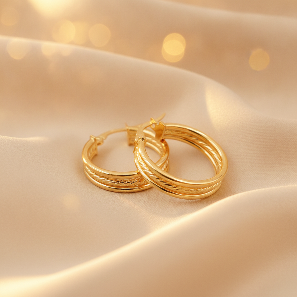 15850017958. 14K Solid Gold Smooth and Textured Triple Line Hollow Hoop Earrings