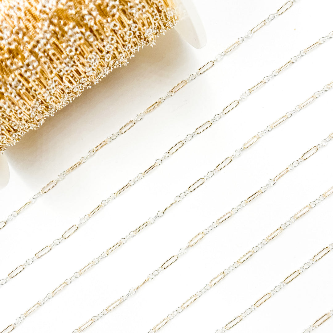 XM/1003K. 14K Gold Filled and Sterling Silver Knurled Link Chain – Long & Short Pattern