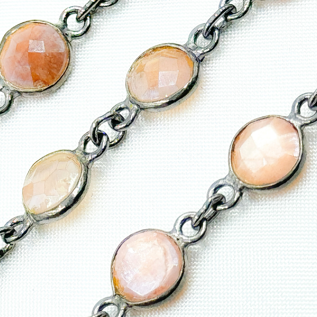 Coated Peach Moonstone Round Shape Bezel Oxidized Wire Chain.