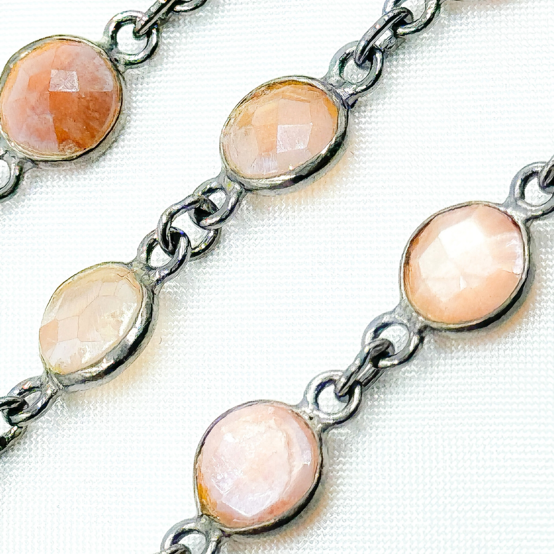 Coated Peach Moonstone Round Shape Bezel Oxidized Wire Chain. CMS17