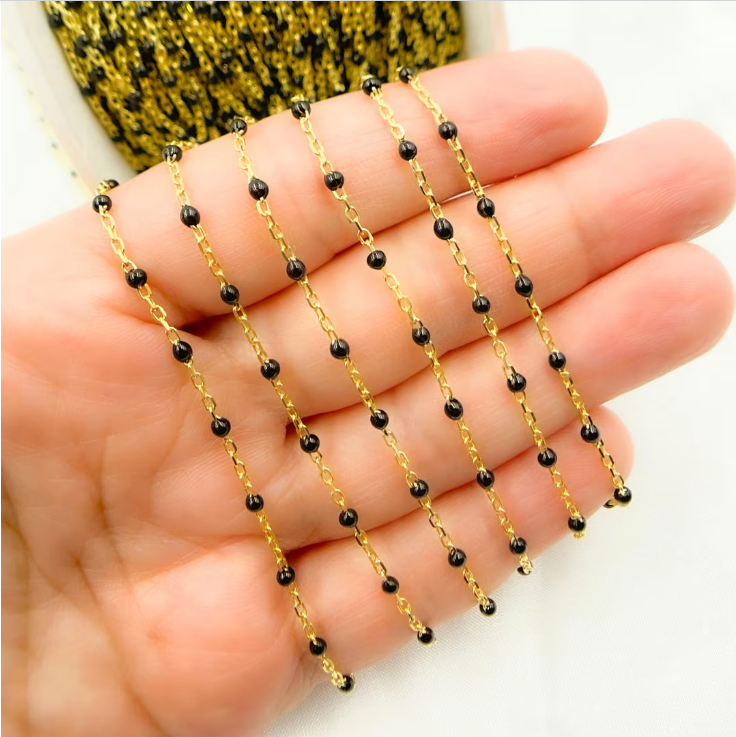 Gold Plated  Sterling Silver Enamel Black Color Cable Chain