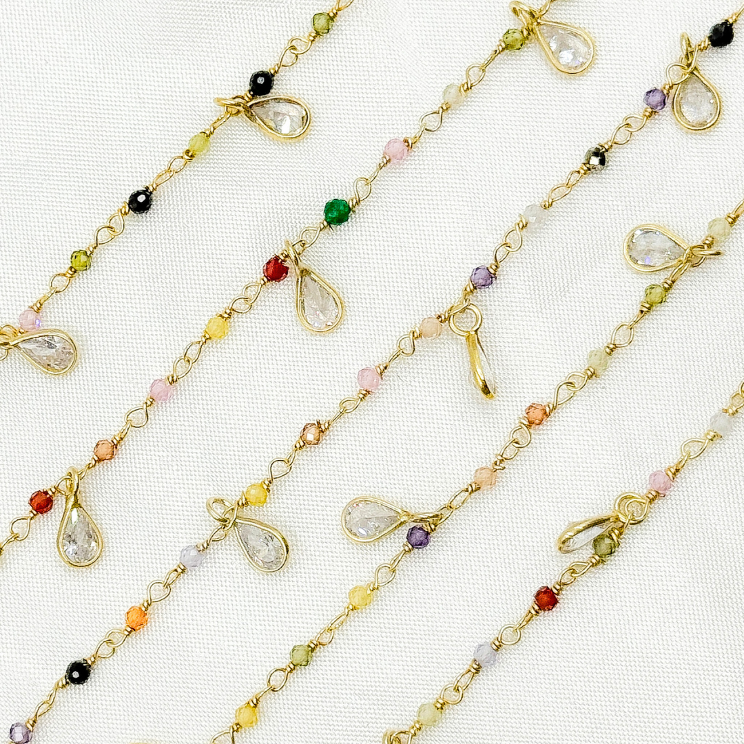 Multi Color Cubic Zirconia & CZ Dangle Gold Plated Wire Chain.