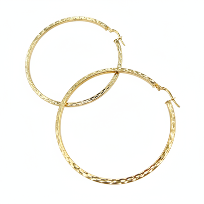 GER157. 14K Solid Gold Hollow Flat Diamond Cut Hoop