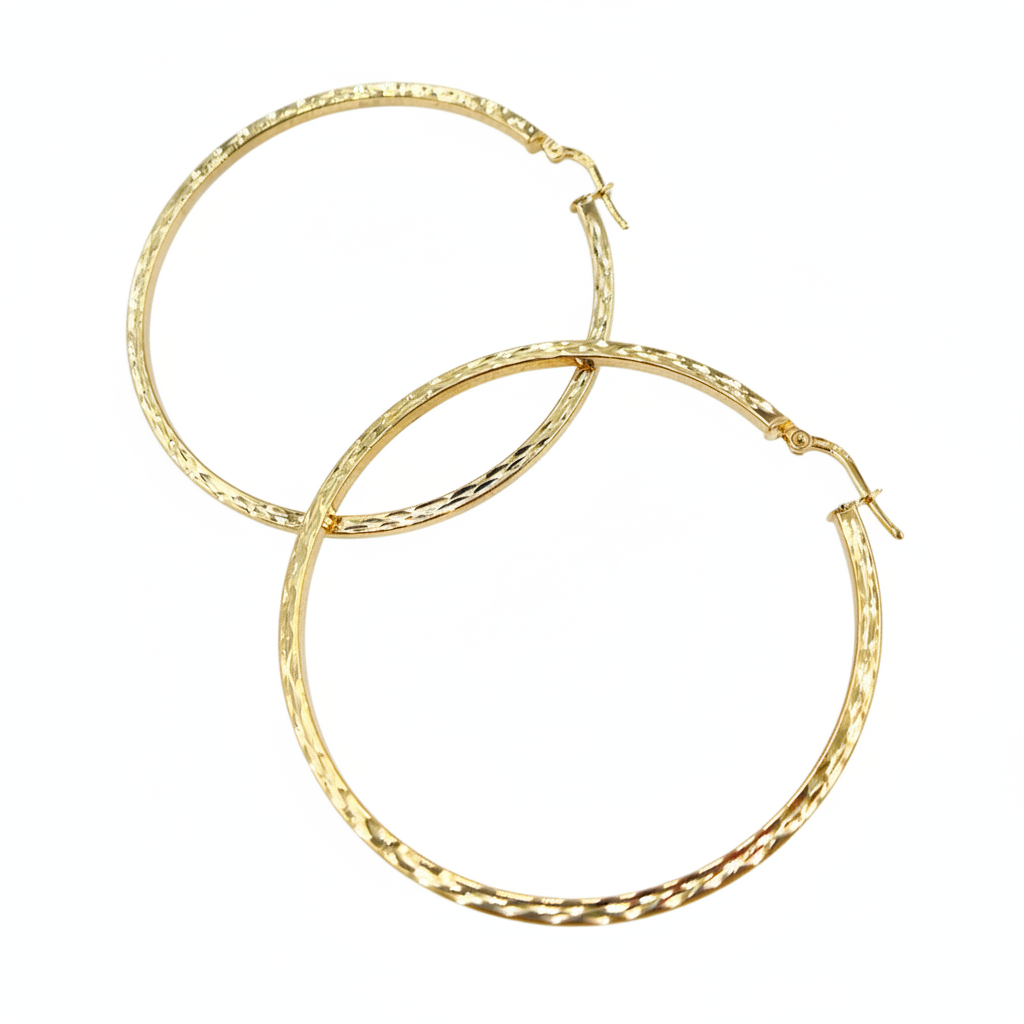GER157. 14K Solid Gold Hollow Flat Diamond Cut Hoop