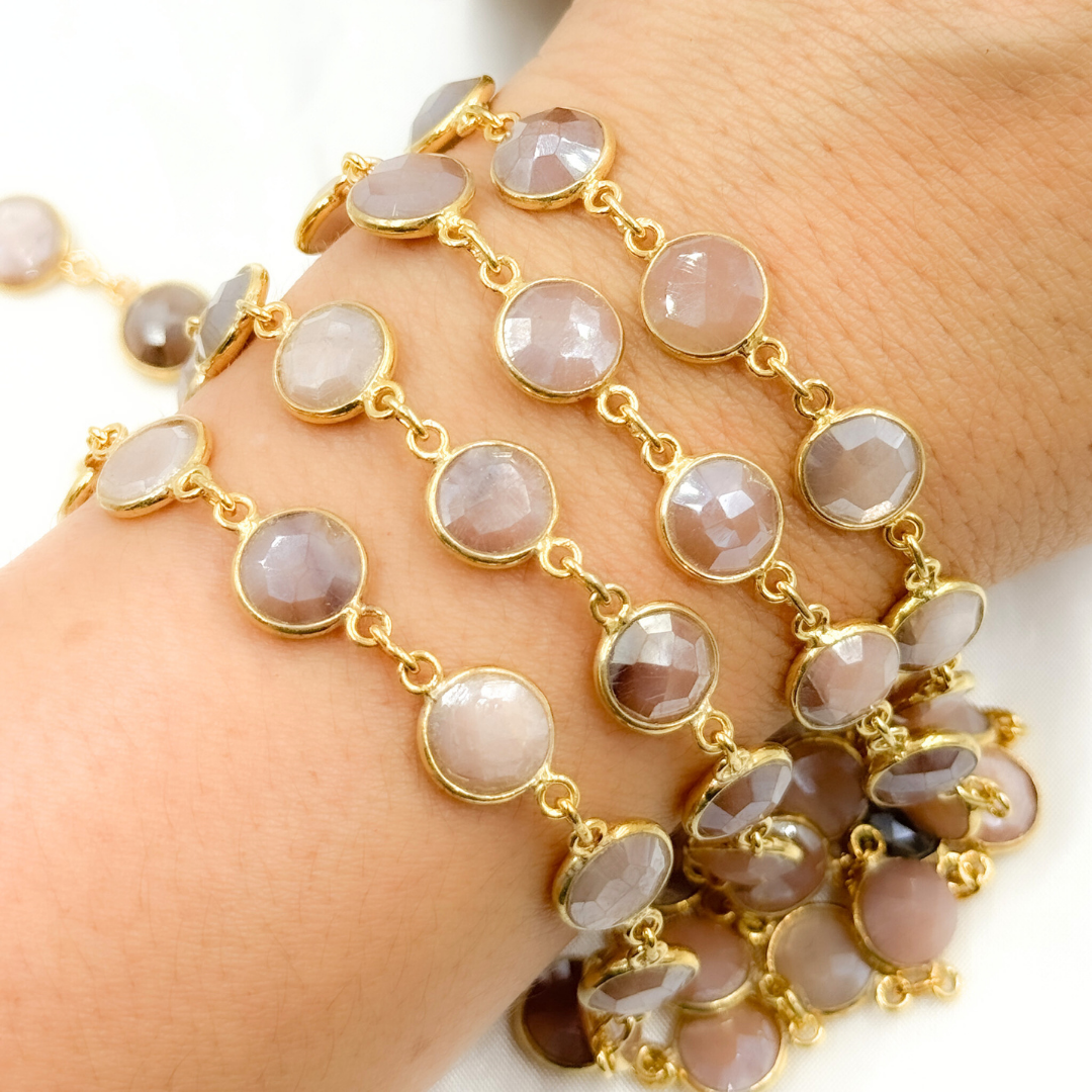 Coated Peach Moonstone Round Shape Bezel Gold Plated Wire Chain.