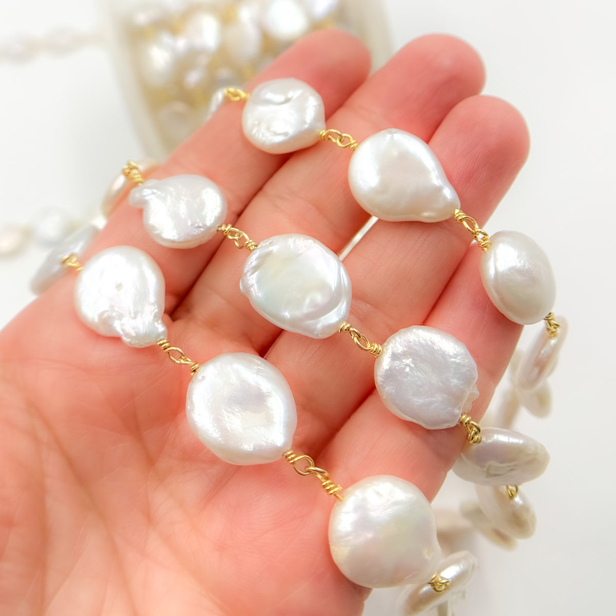 Coin Shape Freshwater Pearl with Gold Plated Sterling Silver Chain