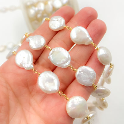 Coin Shape Freshwater Pearl with Gold Plated Sterling Silver Chain
