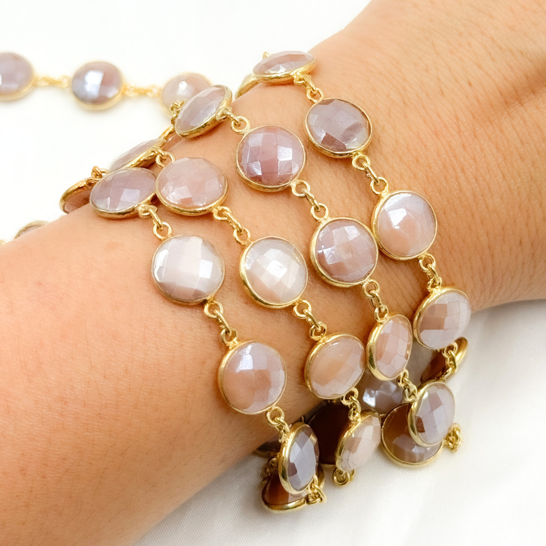 Coated Peach Moonstone Round Shape Bezel Gold Plated Wire Chain. CMS5