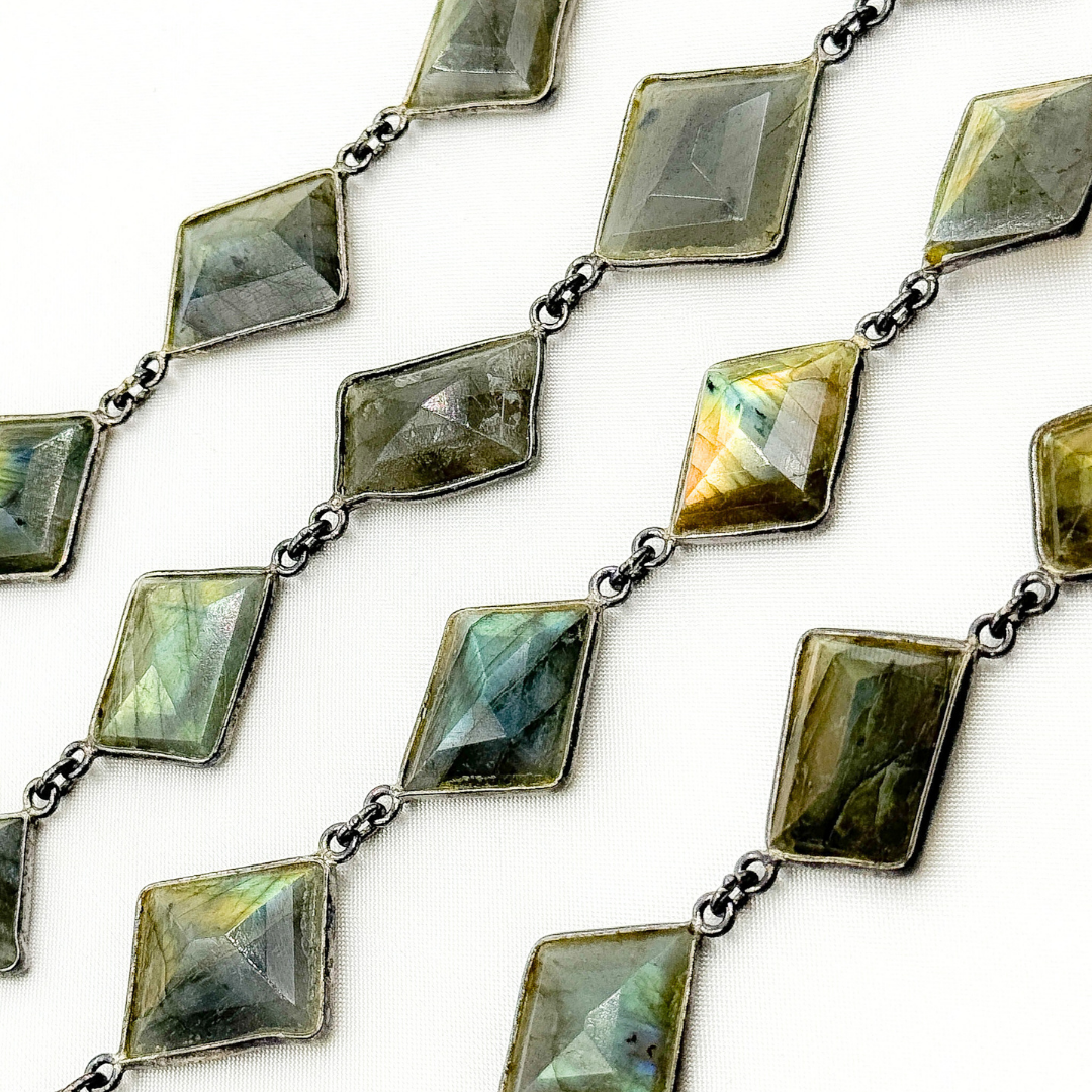 Labradorite Rhomb Shape Bezel Oxidized Wire Chain. LAB20