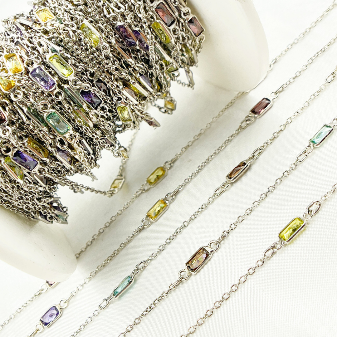Multi Color Cubic Zirconia Rectangular Shape Connected Chain