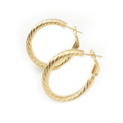 15850019965. 14K Solid Gold Fancy Ribbed Hollow Hoop Earrings