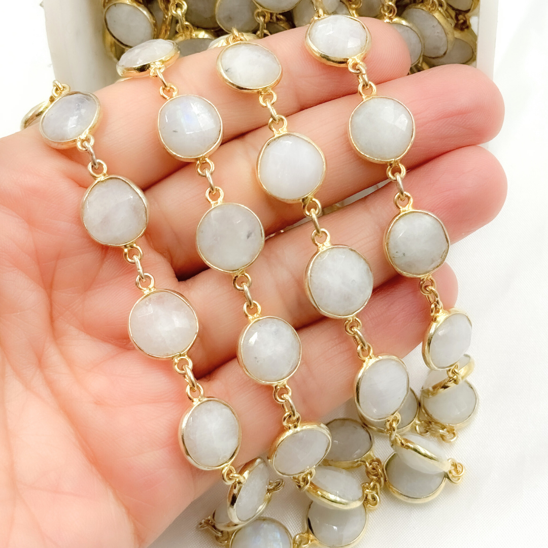 White Moonstone  Round Shape Bezel Gold Plated Wire Chain.